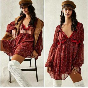 NWT Free People Pennie Mini Dress Cherry Combo Red Ruffle Puff Long Sleeve